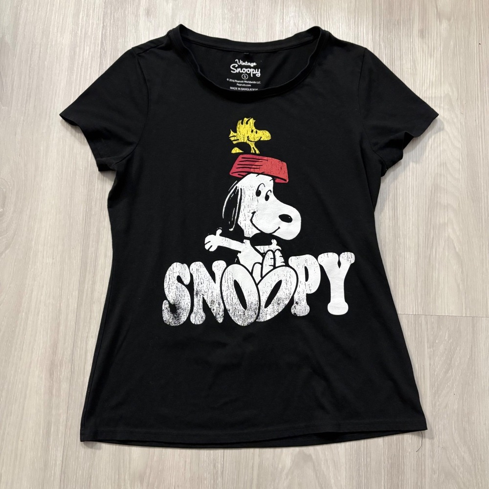 Vintage Snoopy Peanuts Shirt Women Graphic Tshirt Black Fez Woodstock Tee Size S